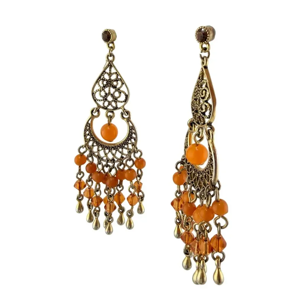 Boho Ornate Filigree Chandelier Orange Bead Dangle Drop Gold Tone 3